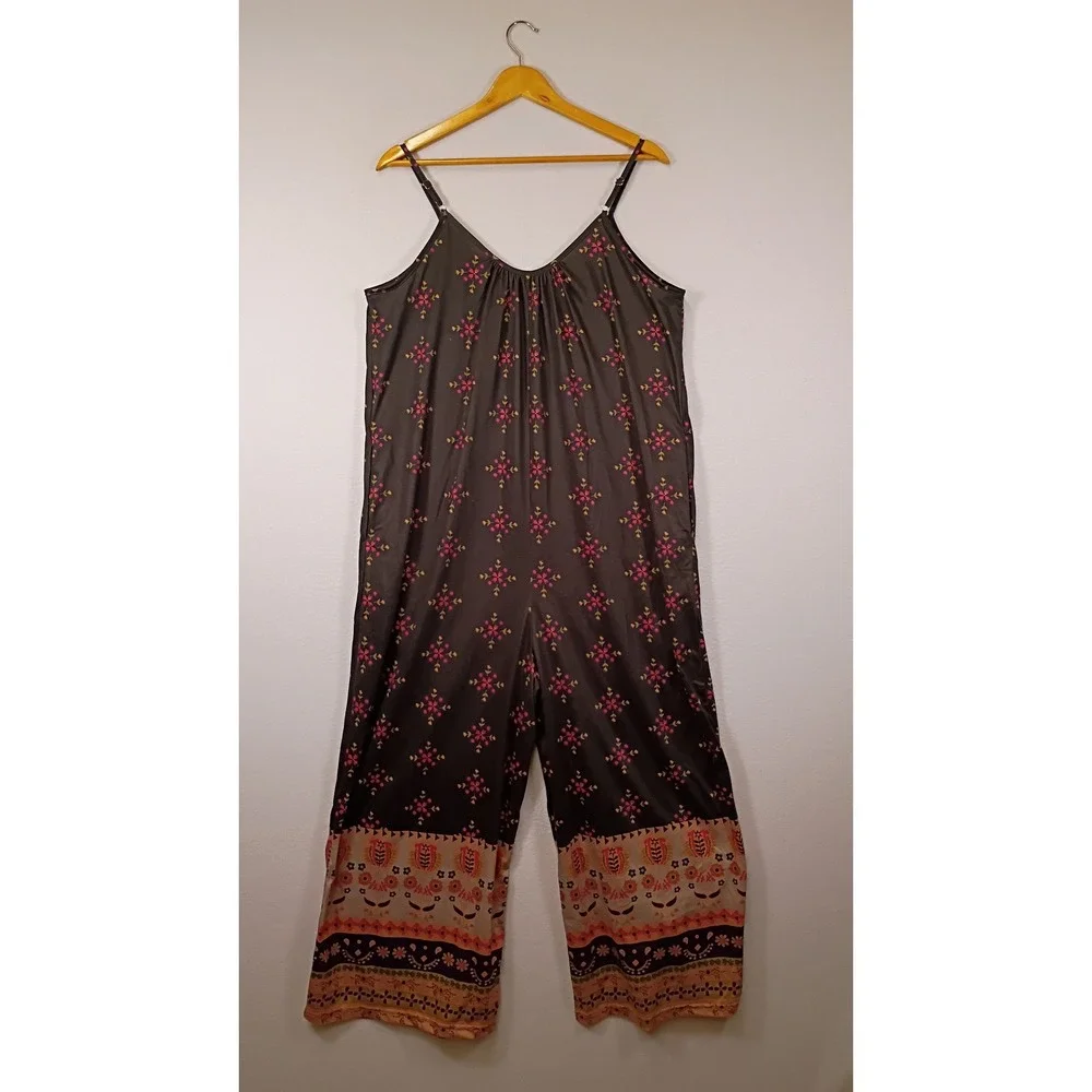 Boho Floral ANRABESS Women Large Black Wide Leg Adjustable Strap Jumpsuit